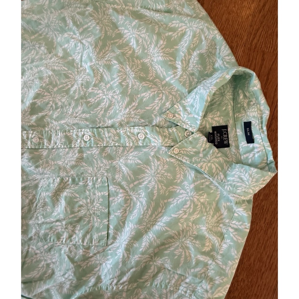 J. Crew Men's XXL Slim Fit Flex Washed Palm Print Short Sleeve Shirt Blue/Green